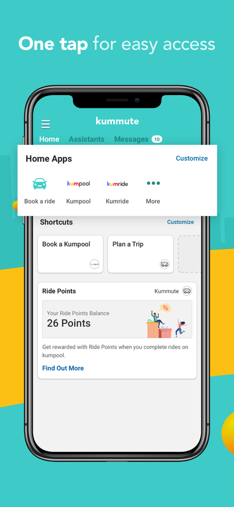 Kummute - Ride-pooling app - Kummute app dashboard showing ride booking shortcuts and rewards points balance