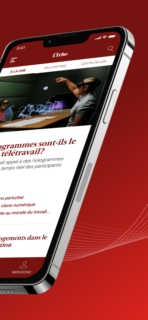 L'Echo - iPhone画面。L'Echoモバイルアプリのニュースフィードを表示。職場におけるテクノロジーに関する特集記事があります。