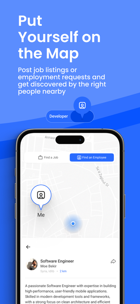 Amali - Amali app interface showing a map for finding local jobs and employees
