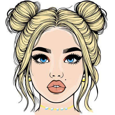 realistic girl with two buns on her hair and lips