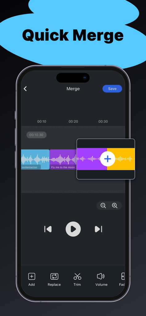 iPhone screen displaying the Quick Merge feature of the Music Editor app with multiple color-coded audio clips being combined on a timeline.
