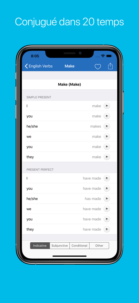 Mobile app screenshot showing verb conjugation tables with audio pronunciation features and multiple tenses