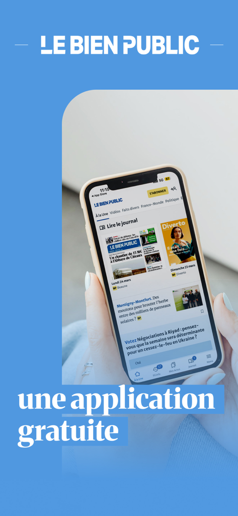 Le Bien Public - Côte d'Or - Une main tenant un smartphone affichant l'interface de l'application d'actualités locales Le Bien Public Côte d'Or.