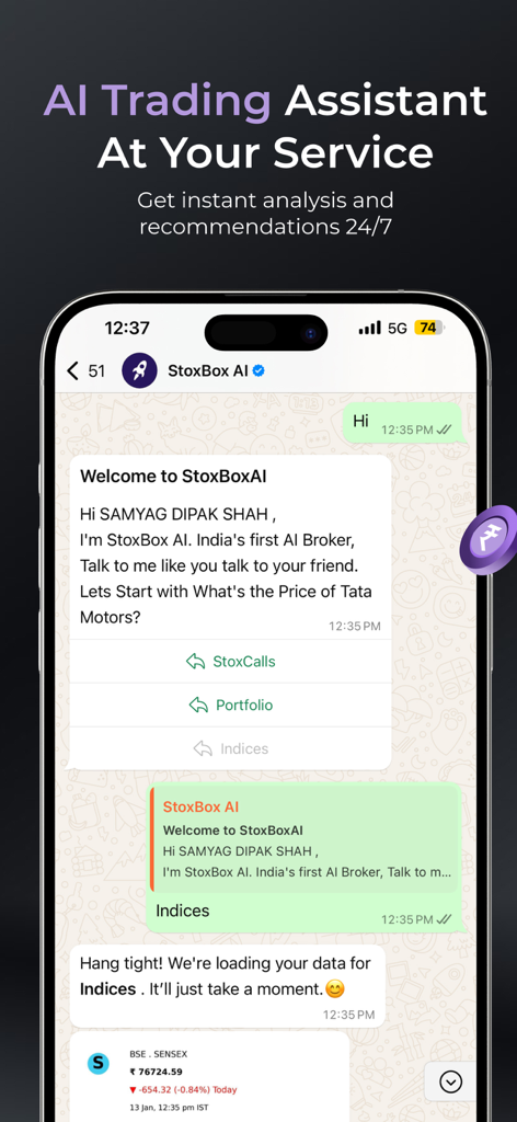 Interfaz del asistente de trading de IA de StoxBox en WhatsApp proporcionando análisis de acciones y recomendaciones instantáneas