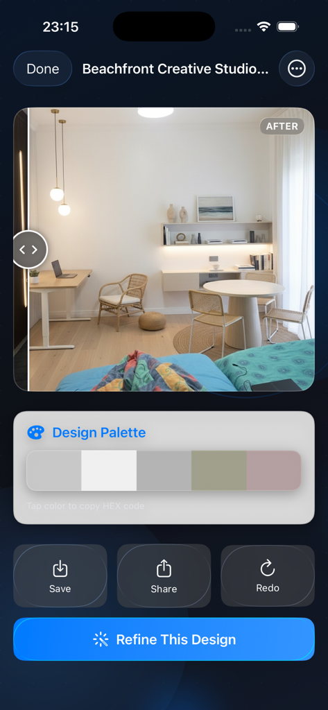 Room Lift - Die Benutzeroberfläche der Room Lift App zeigt eine KI-generierte Raumneugestaltung mit einer extrahierten Farbpalette.