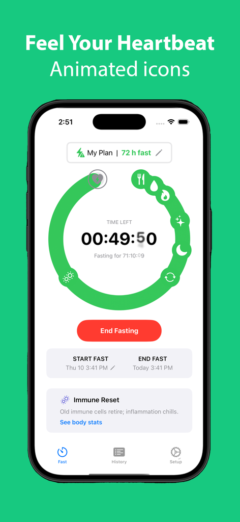 AllyFast - AllyFast app interface showing an active fasting timer with animated icons and immune reset progress.