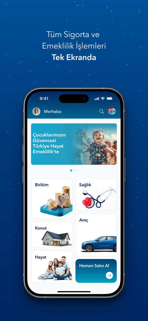 보험 및 연금 서비스 범주를 보여주는 터키 보험 모바일 앱의 메인 대시보드