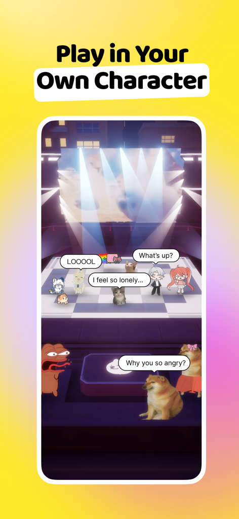 WoofChat - Personajes de memes y avatares originales chateando en una discoteca virtual dentro de la aplicación WoofChat