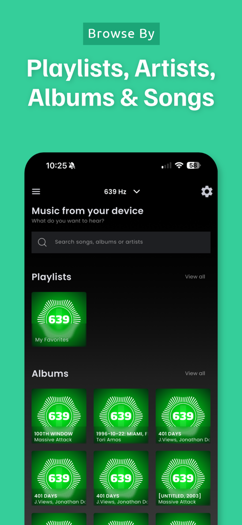 Interface of the 639 Player Plus app showing the music library organized by playlists and albums