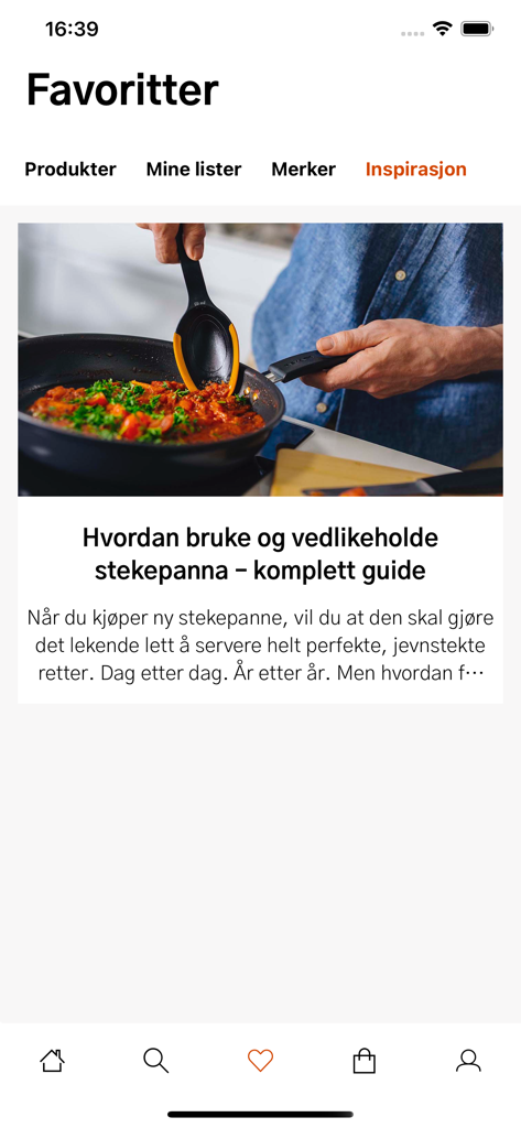 Kitch'n - Schermata dei preferiti dell'app mobile Kitch'n che mostra un articolo di ispirazione sulla cura e l'uso delle padelle.