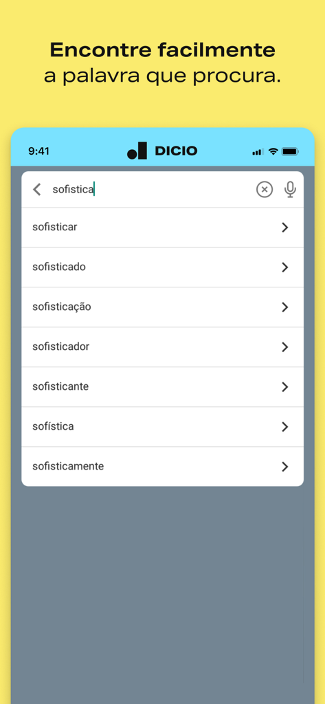 Dicionário de Português Dicio - Suchoberfläche der mobilen App des Portugiesisch-Wörterbuchs Dicio mit einer Liste von Wortvorschlägen.