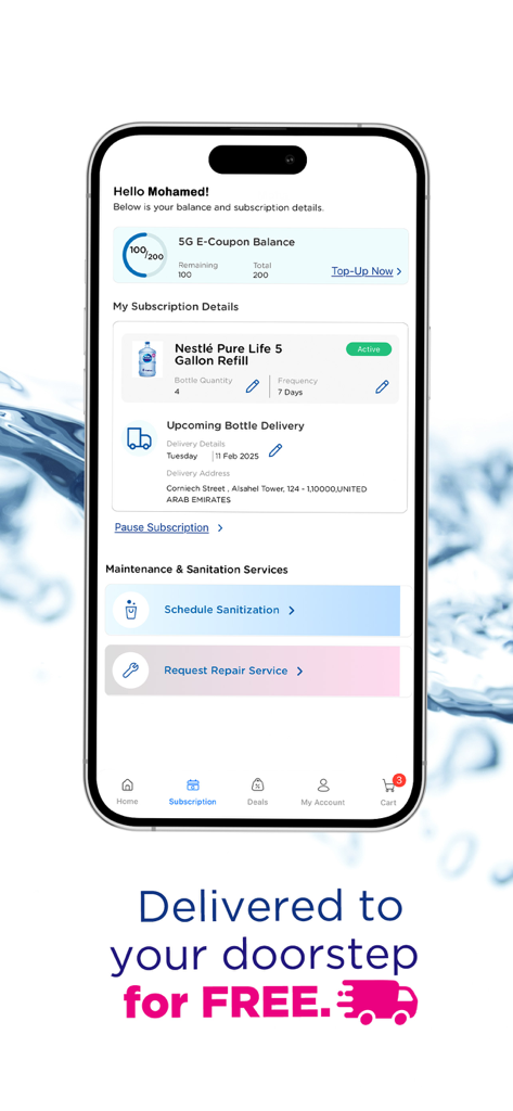 Nestlé Waters - Nestlé Waters app showing subscription details for five gallon water refills and maintenance services