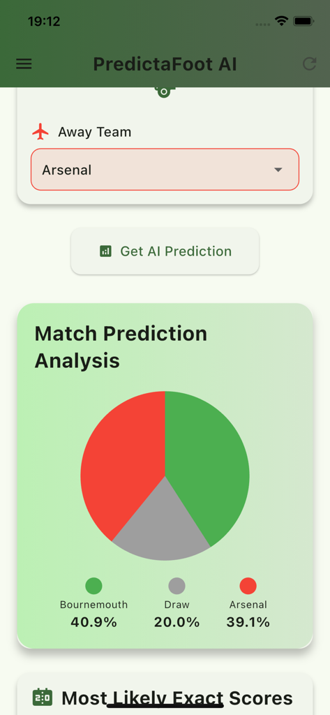 PredictaFootIA - Match prediction analysis pie chart showing win probabilities for Bournemouth and Arsenal in the PredictaFootIA app
