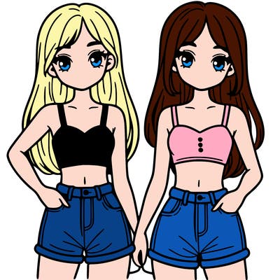 two sisters with crop tops and jean shorts and straight hair