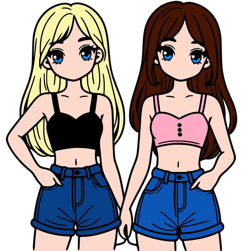 two sisters with crop tops and jean shorts and straight hair