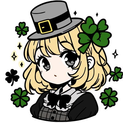 a manga-style girl with clovers around her, a little hat in her hair, like it's saint patrick's day