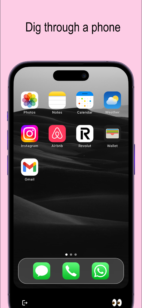 Pantalla de interfaz de smartphone en el juego de detective Stalkie que muestra varias aplicaciones para investigar secretos