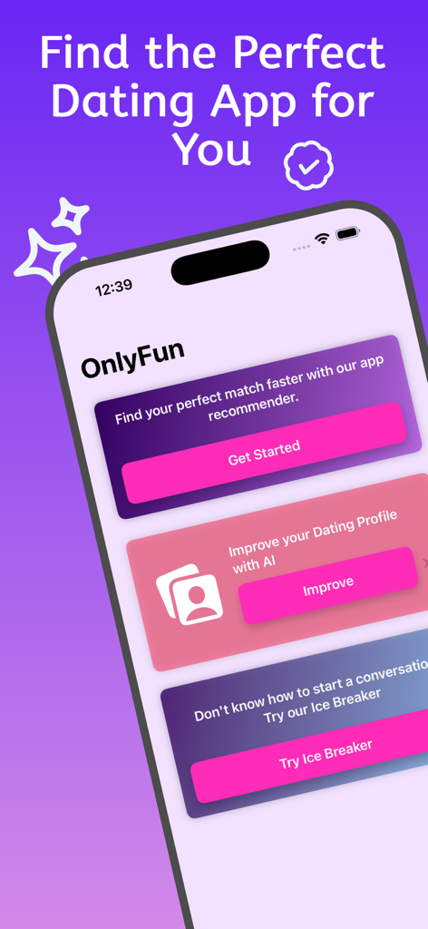 OnlyFun: Dating in your city - OnlyFun App-Oberfläche, die KI-Dating-Profil-Enhancer und Eisbrecher-Funktionen zeigt