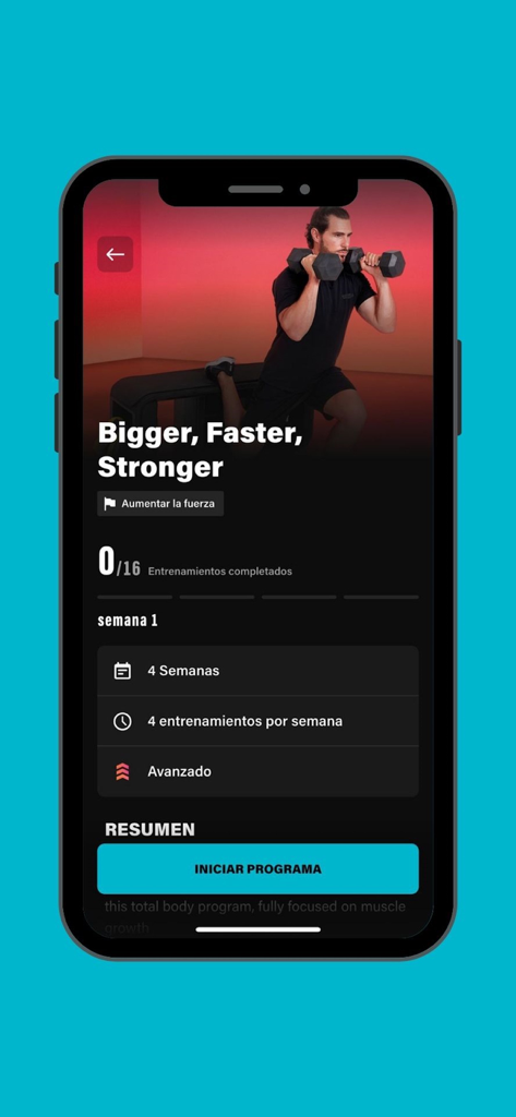 Interface de l'application Fiter montrant un programme d'entraînement de force intitulé Bigger Faster Stronger