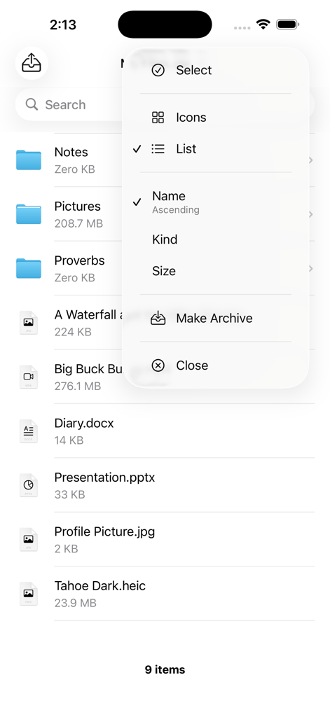 Unarchiver - ZIP, RAR - Unarchiver app interface displaying a file list and a menu with options to sort files and create archives.