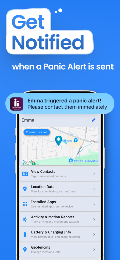 Spy Phone ® Phone Tracker - Interfaccia dell'app Spy Phone che mostra una notifica di allarme anti-panico e la localizzazione GPS