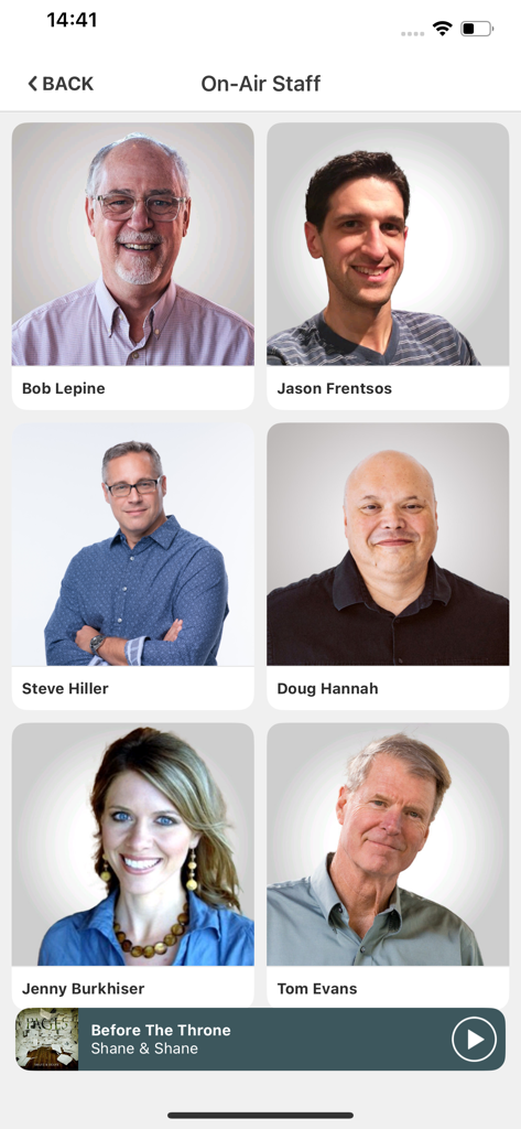 Family Radio - Screenshot of the Family Radio app showing a gallery of on-air staff members including Bob Lepine and Jenny Burkhiser.