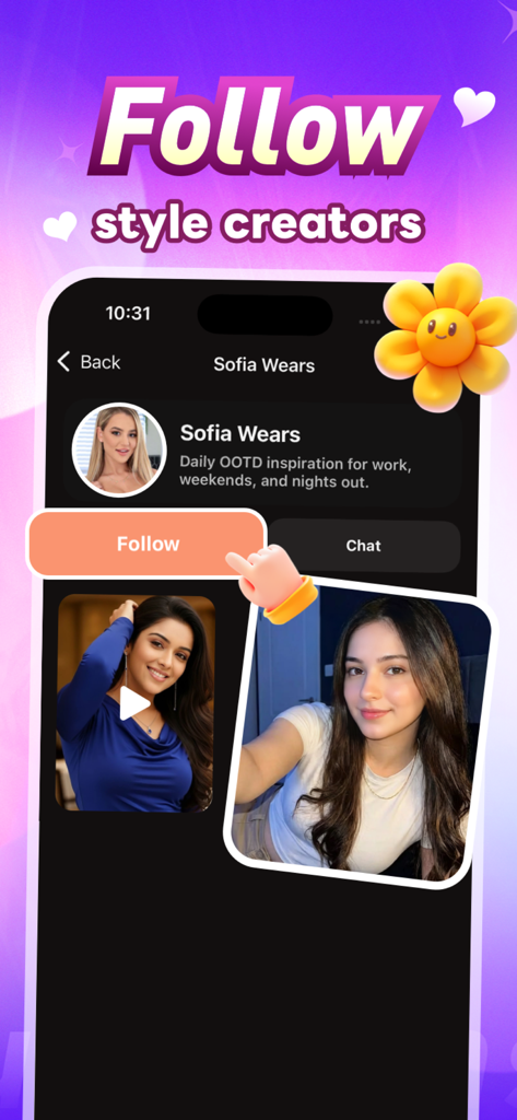 Duette - Video&Chat - Interfaz de la aplicación Duette mostrando la página de perfil de un creador de moda con un botón de seguir y miniaturas de videos de estilo