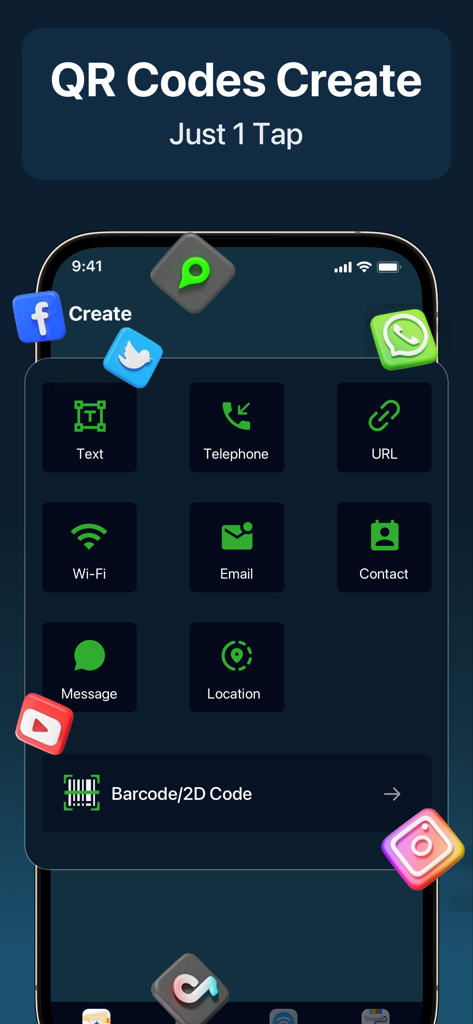 Interface of a QR code creator app showing various categories like URL Wi-Fi and Email
