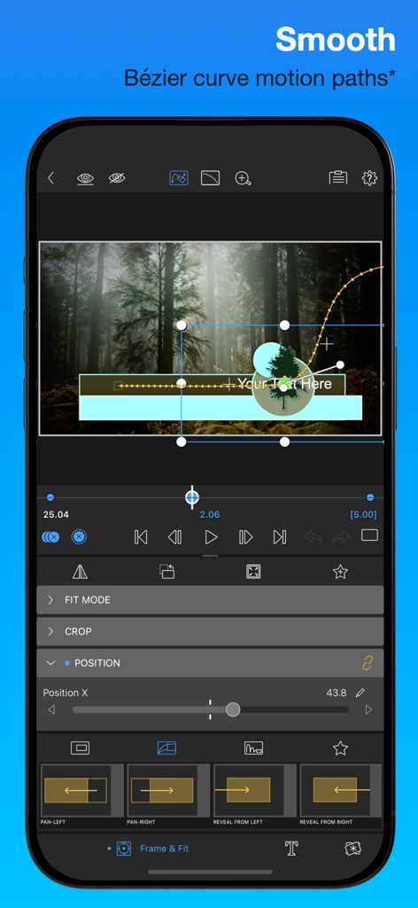 Interface do editor de vídeo móvel LumaFusion mostrando caminhos de movimento suaves com curvas de Bezier para edição profissional
