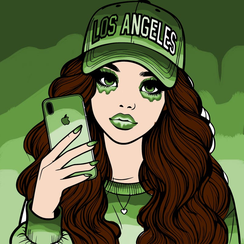 realistic beautiful girl wearing los ángeles cap holding an iphone