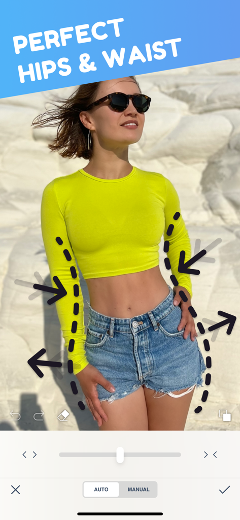 Summer Body AI photo editor interface showing body reshaping for hips and waist