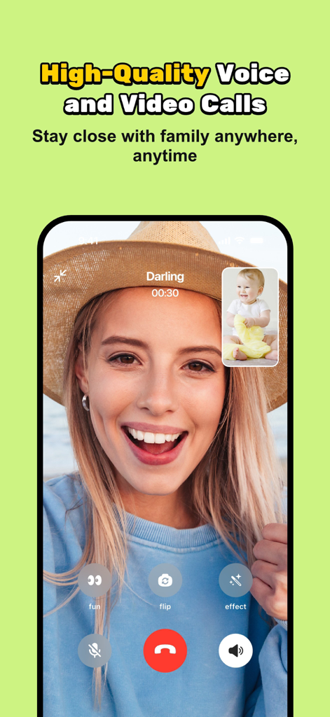 A mother smiling during a high-quality video call with her baby on JusTalk Family Messenger.
