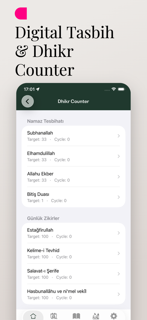 Prayer Times 2026: Ramadan - Benutzeroberfläche der digitalen Tasbih- und Dhikr-Zählerfunktion innerhalb der Gebetszeiten-App