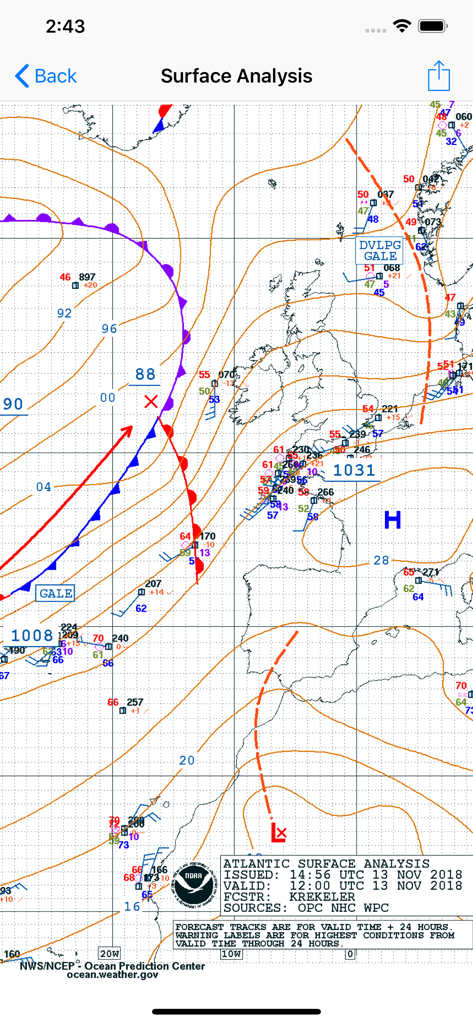 Technical weather map showing Atlantic surface analysis with fronts and pressure systems