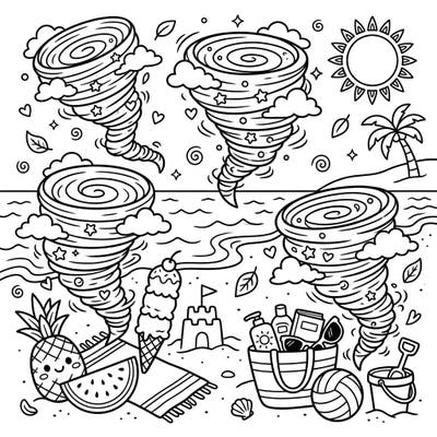 Get ready for a unique coloring experience where playful tornadoes meet the perfect summer day! This vibrant page combines swirling fun with delightful beach vacation elements.