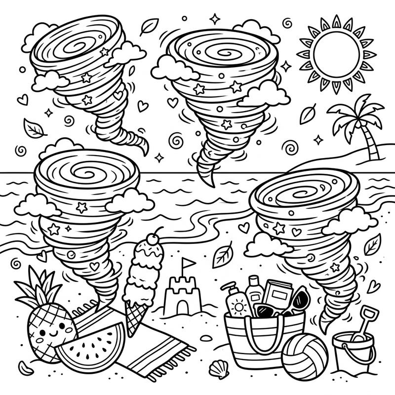 Get ready for a unique coloring experience where playful tornadoes meet the perfect summer day! This vibrant page combines swirling fun with delightful beach vacation elements.