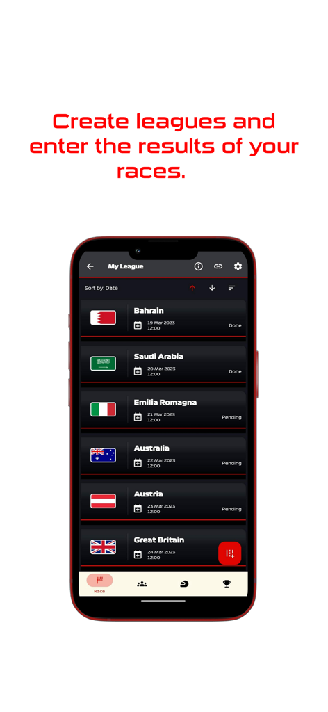 Formula Game Companion - Interfaz de la aplicación Formula Game Companion mostrando un calendario de carreras de Gran Premio para una liga personalizada.