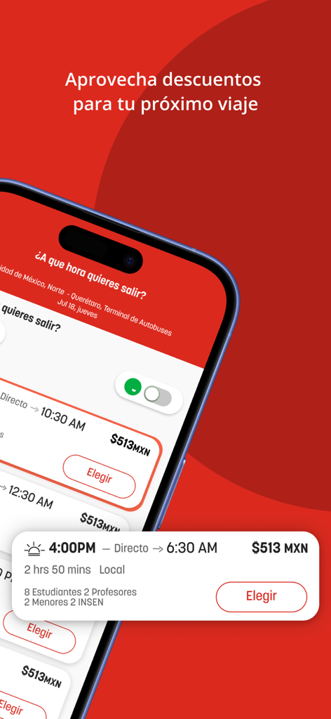 Interfaz de la aplicación Primera Plus que muestra los horarios de salida de los autobuses y los precios de los boletos para viajar en México