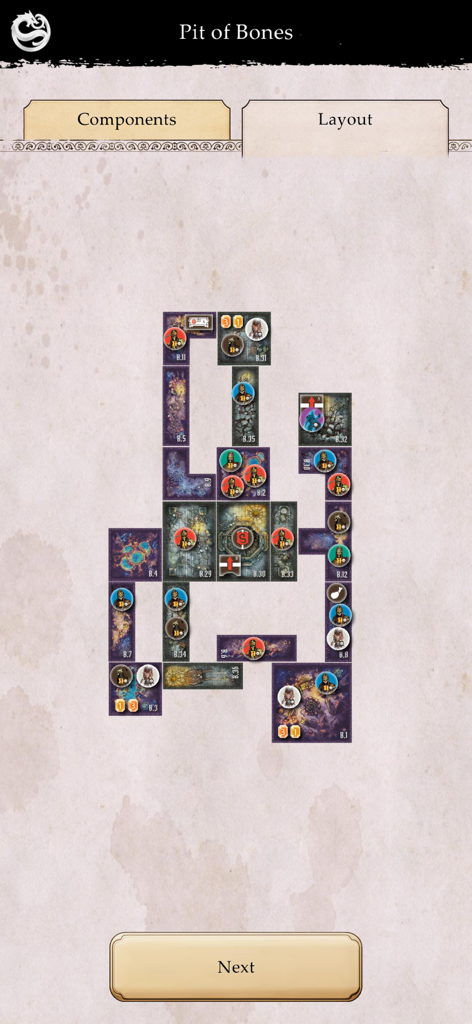 Fateforge: Chronicles of Kaan - FateforgeコンパニオンアプリのPit of Bonesシナリオのタイルとトークンの配置を示すデジタルマップレイアウト