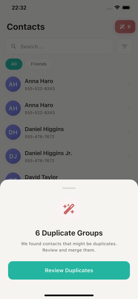 Tidy - Contacts Manager - Tidy app interface showing a contact list and a popup to review duplicate contact groups.