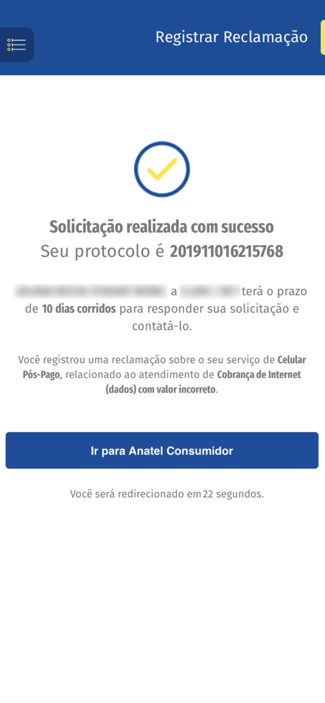 Anatel Consumidor Mobile - Écran de confirmation montrant une plainte déposée avec succès sur l'application Anatel Consumidor.