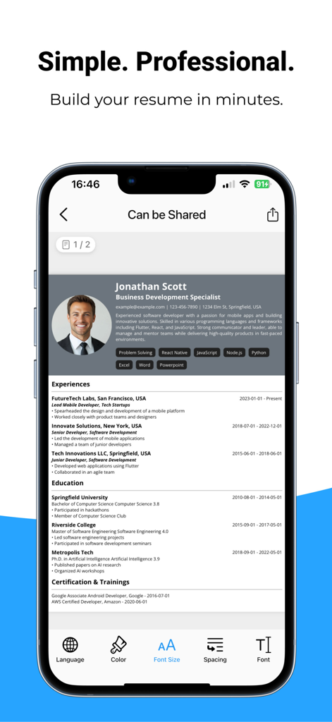 Modelo de currículo profissional sendo personalizado em um smartphone usando o aplicativo Resume AI