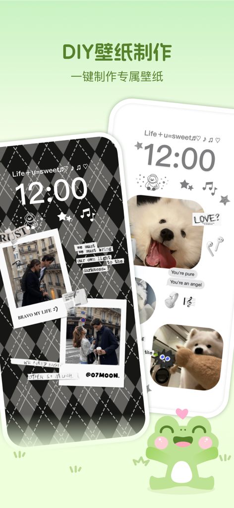 Two iPhone screens showing personalized DIY wallpapers with Polaroid-style photo layouts and stickers from the Mwa Widgets app.