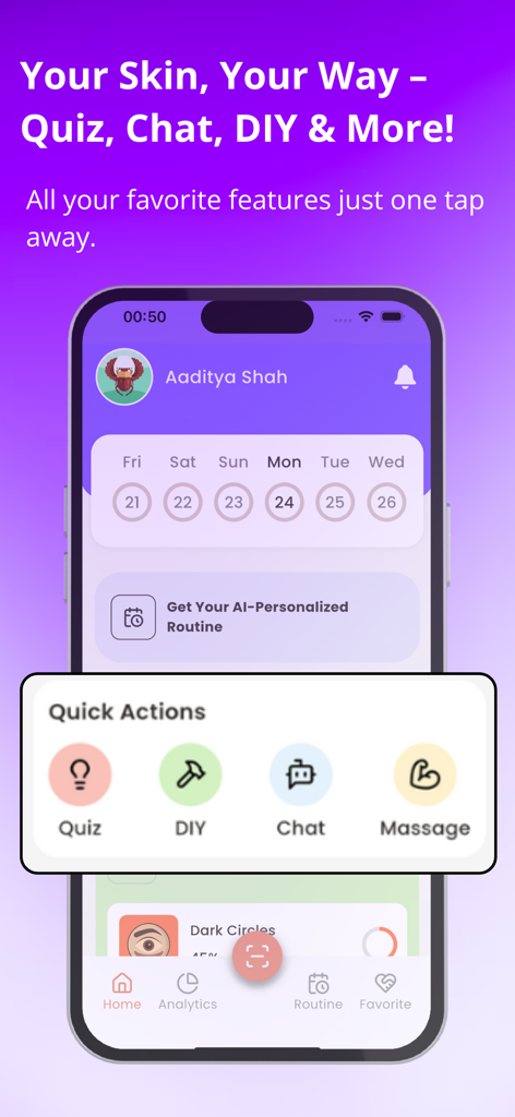 SkinMama app screen displaying quick action buttons for skincare quizzes and AI chat.