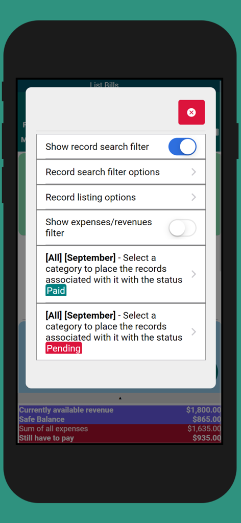 Easy Money Manager - Benutzeroberfläche der Easy Money Manager App, die Suchfilter und Optionen zur Verfolgung bezahlter und ausstehender Monatsrechnungen anzeigt.