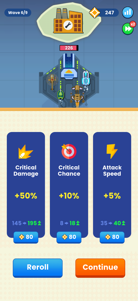 Inventory Merge Combat - A screen showing three upgrade options for Critical Damage Critical Chance and Attack Speed in the Inventory Merge Combat mobile game