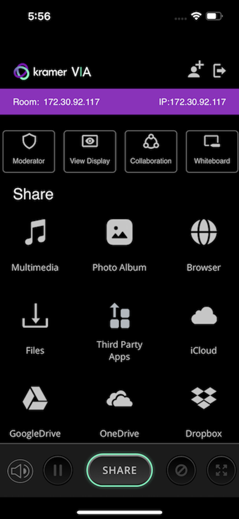 Kramer VIA app screen showing wireless sharing options for meetings