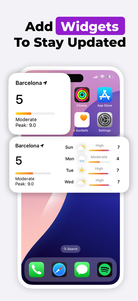 An iPhone home screen displaying two SunSafe widgets showing real-time UV index and a four day weather forecast for Barcelona