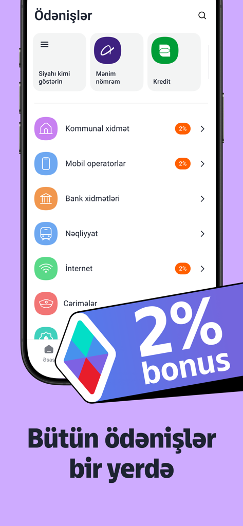 Pantalla de pagos de la aplicación m10 Digital Wallet mostrando varias categorías de servicios y una insignia de bonificación del 2 por ciento.