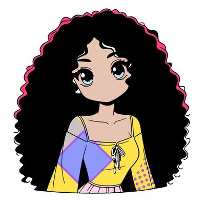 a black anime girl with long afro hair